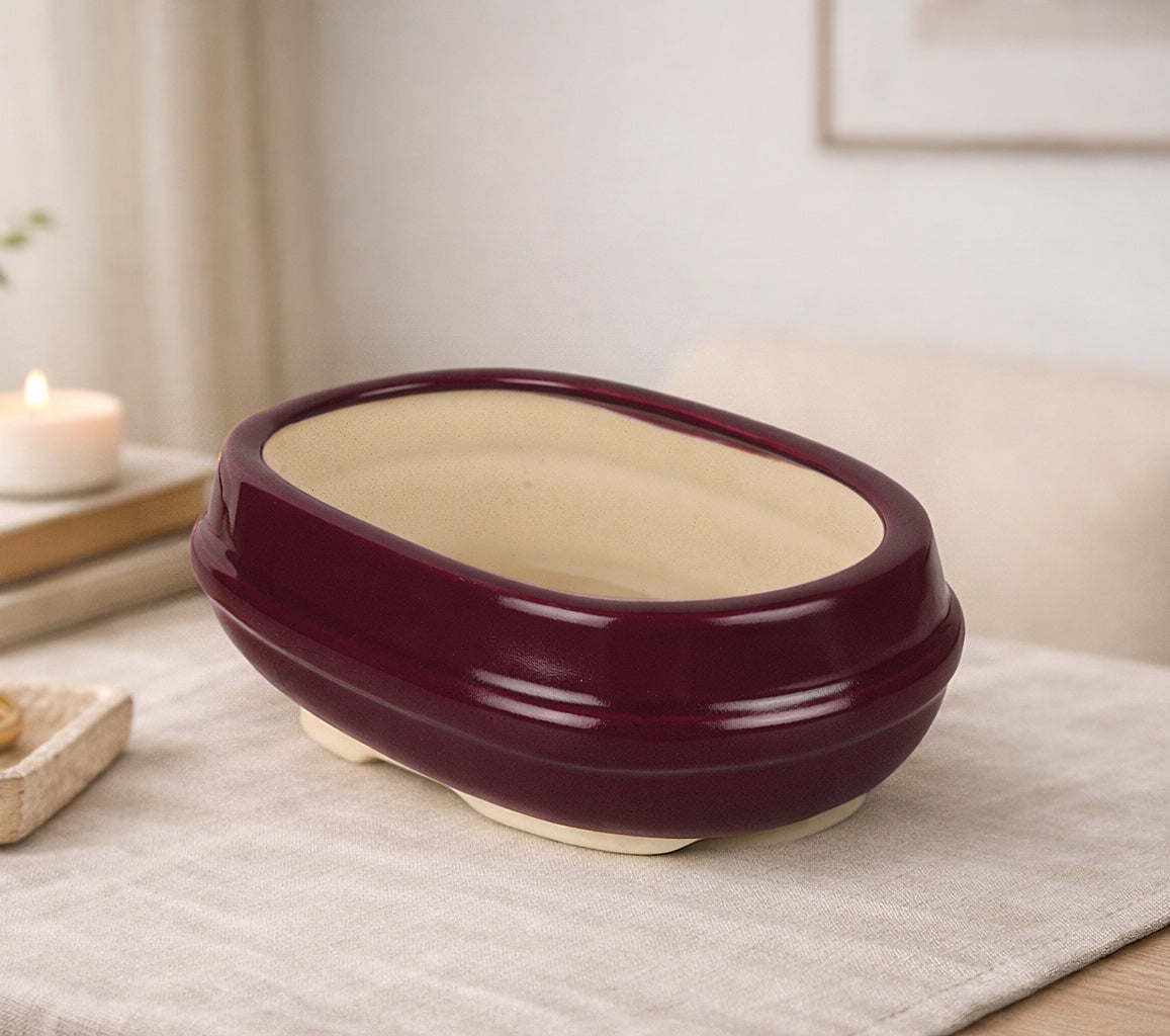 Ceramic Oval Bonsai Planter Pot (Maroon, L x B x H – 19 cm x 13 cm x 7 cm) - View 4