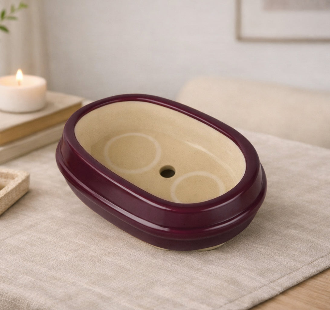 Ceramic Oval Bonsai Planter Pot (Maroon, L x B x H – 19 cm x 13 cm x 7 cm) - View 5