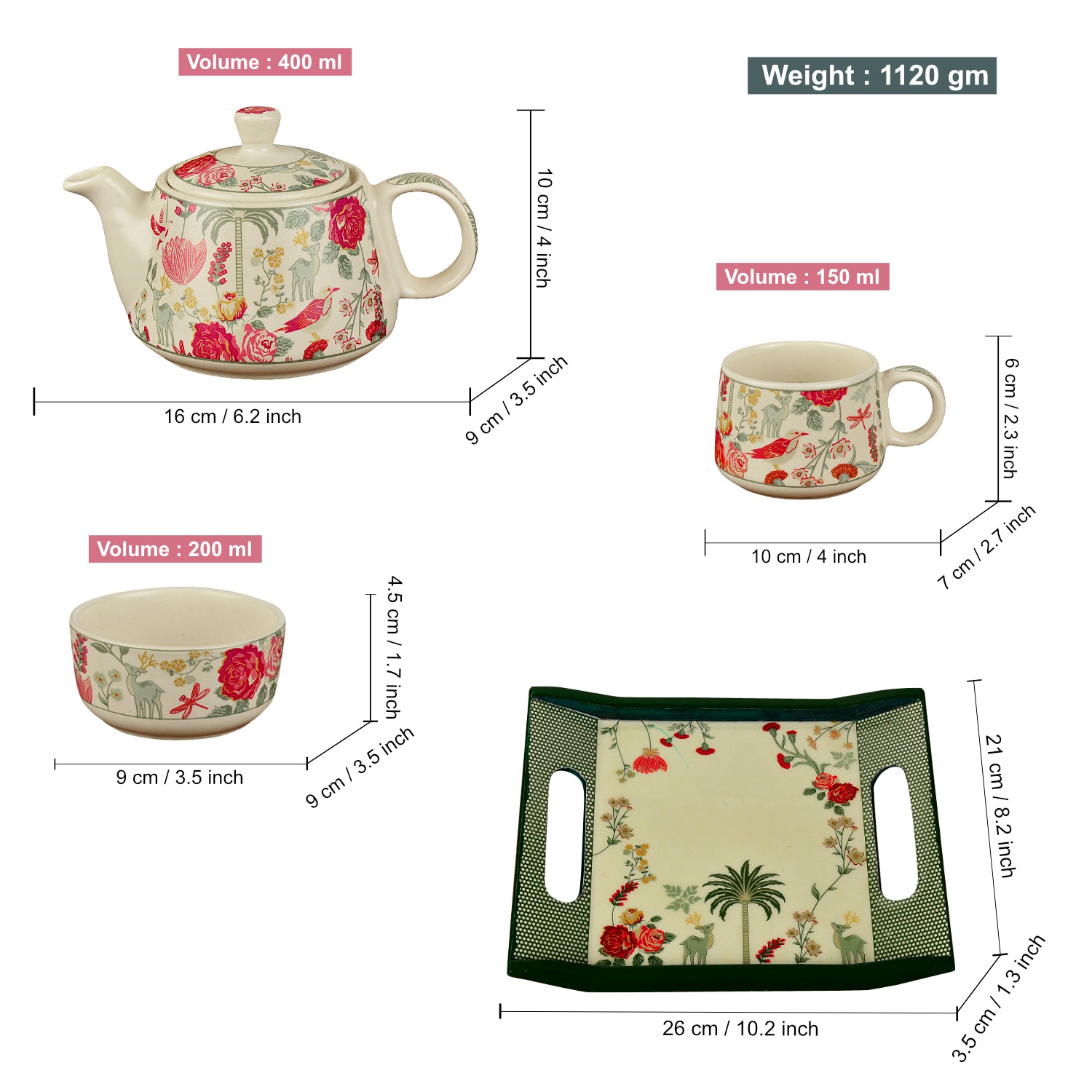 Premium Floral Ceramic Tea Set for 2 - View 2
