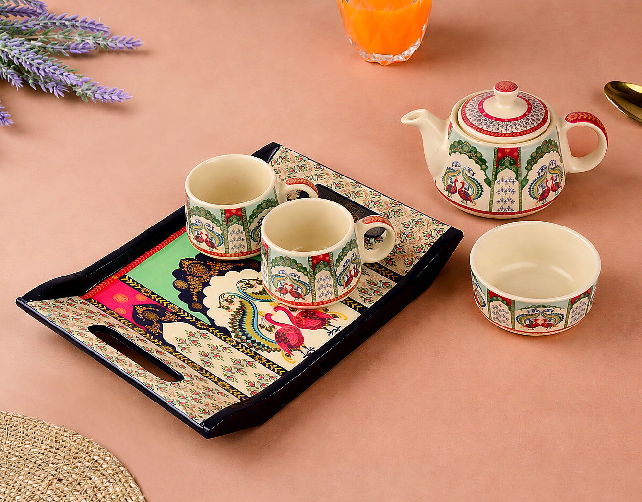 Premium Peacock Print Ceramic Tea Set for 2 - View 4
