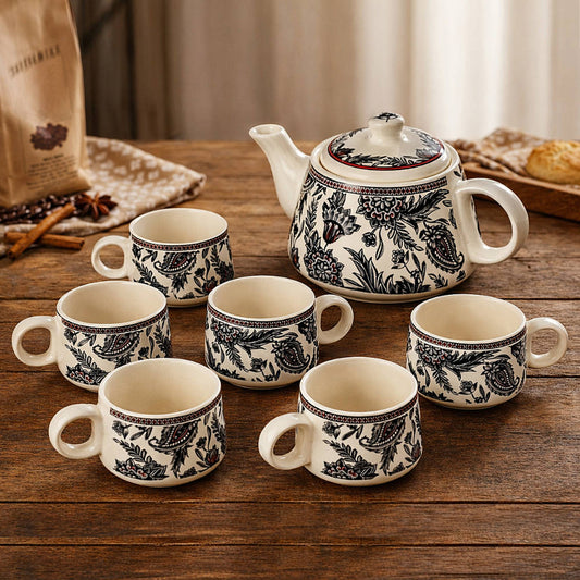 Black Floral Printed Designer Ceramic Tea Set (1 Kettle, 6 Cups, Black & White)