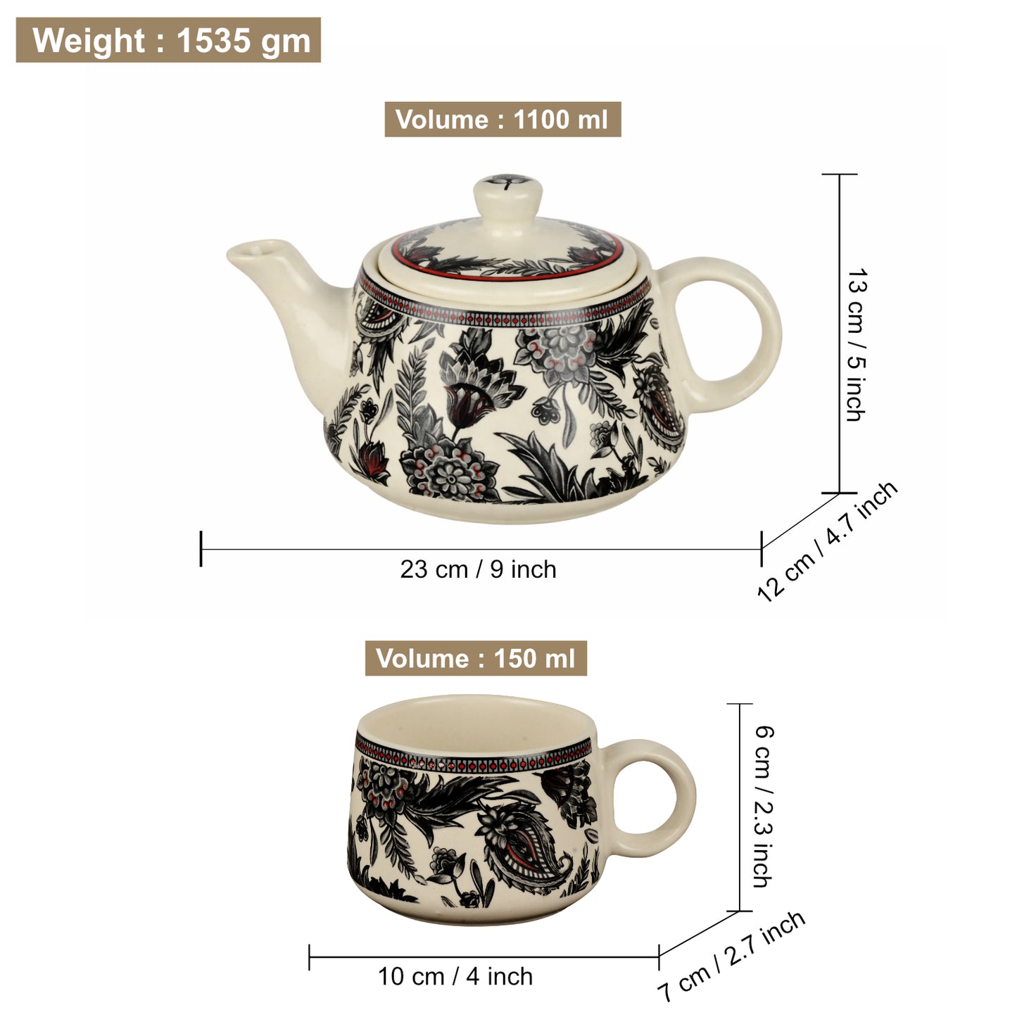 Black Floral Printed Designer Ceramic Tea Set (1 Kettle, 6 Cups, Black & White) - View 2
