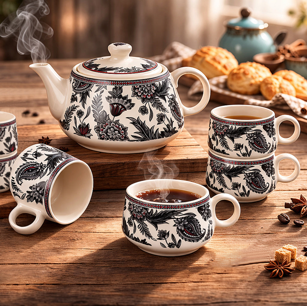 Black Floral Printed Designer Ceramic Tea Set (1 Kettle, 6 Cups, Black & White) - View 3