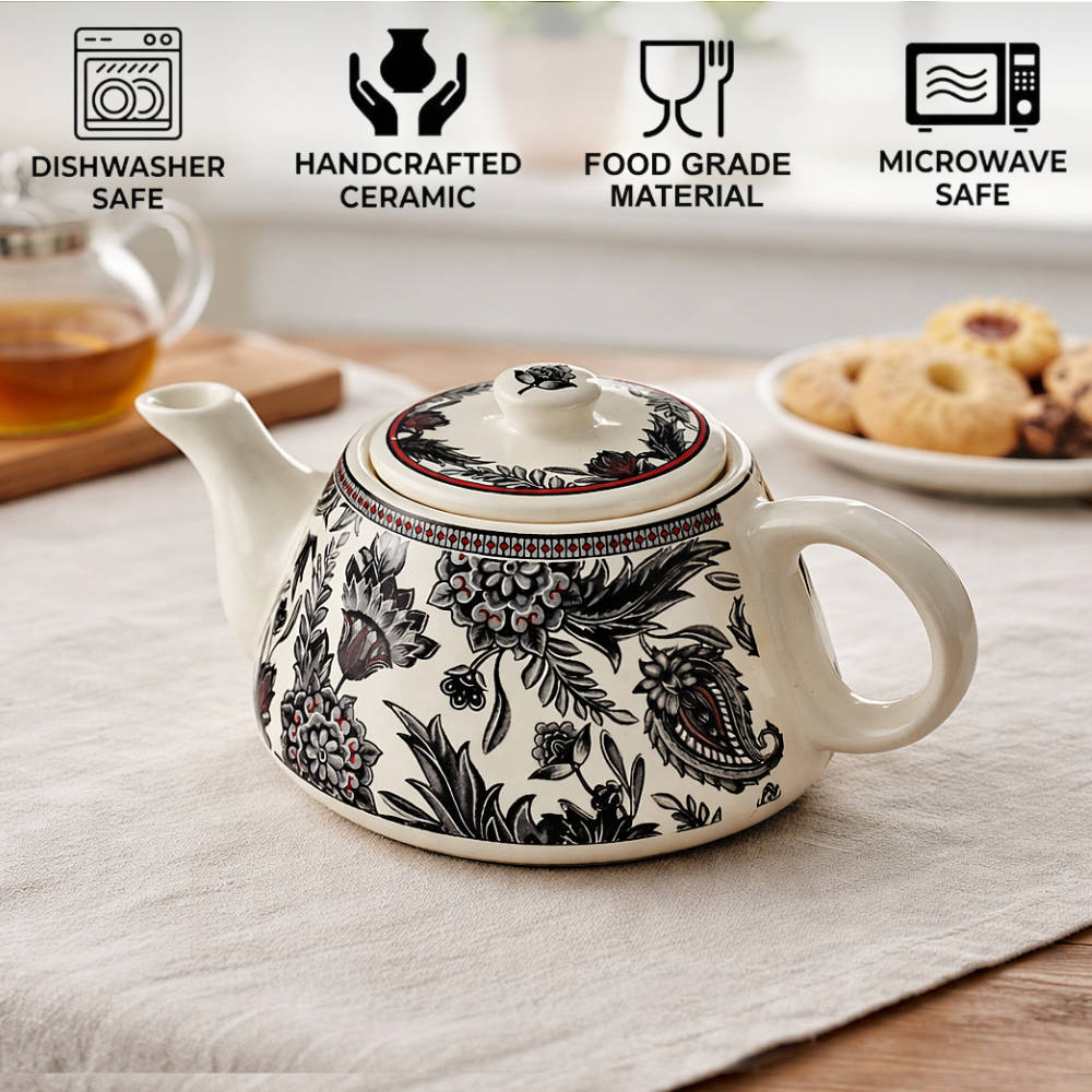 Black Floral Printed Designer Ceramic Tea Set (1 Kettle, 6 Cups, Black & White) - View 4