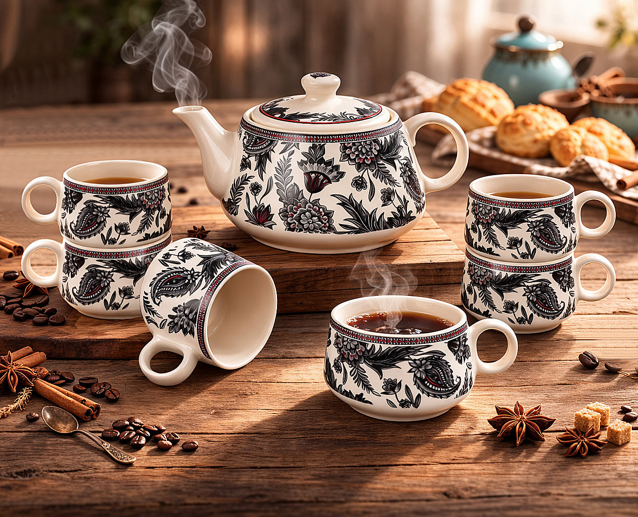 Black Floral Printed Designer Ceramic Tea Set (1 Kettle, 6 Cups, Black & White) - View 5