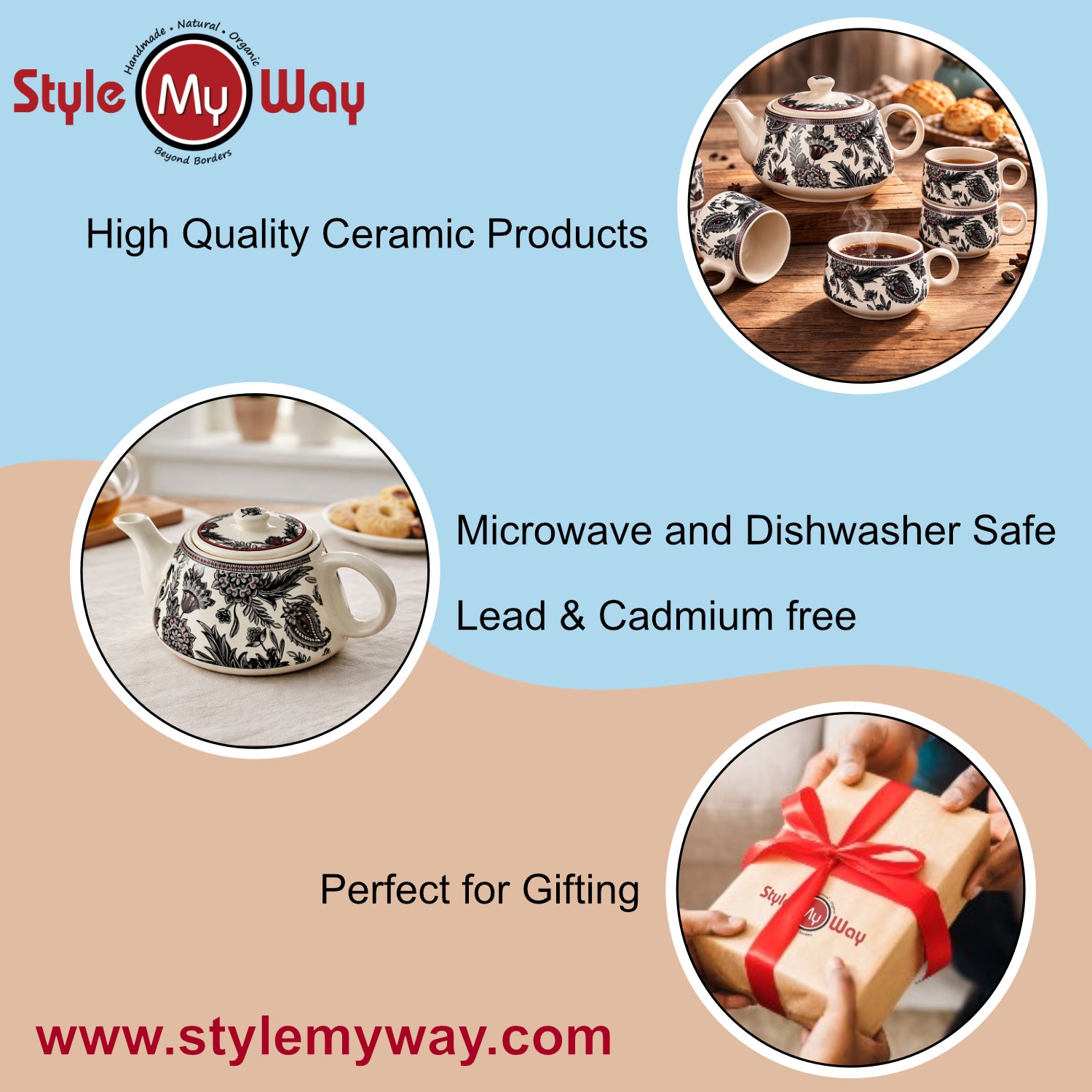 Black Floral Printed Designer Ceramic Tea Set (1 Kettle, 6 Cups, Black & White) - View 6