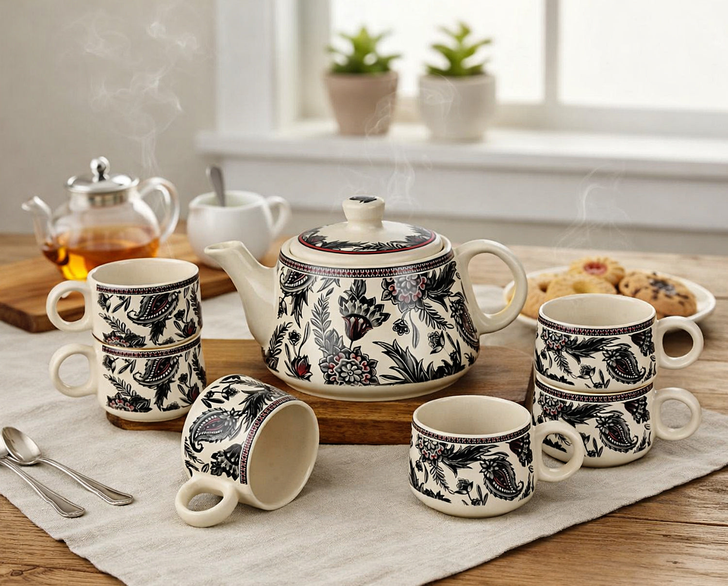 Black Floral Printed Designer Ceramic Tea Set (1 Kettle, 6 Cups, Black & White) - View 7