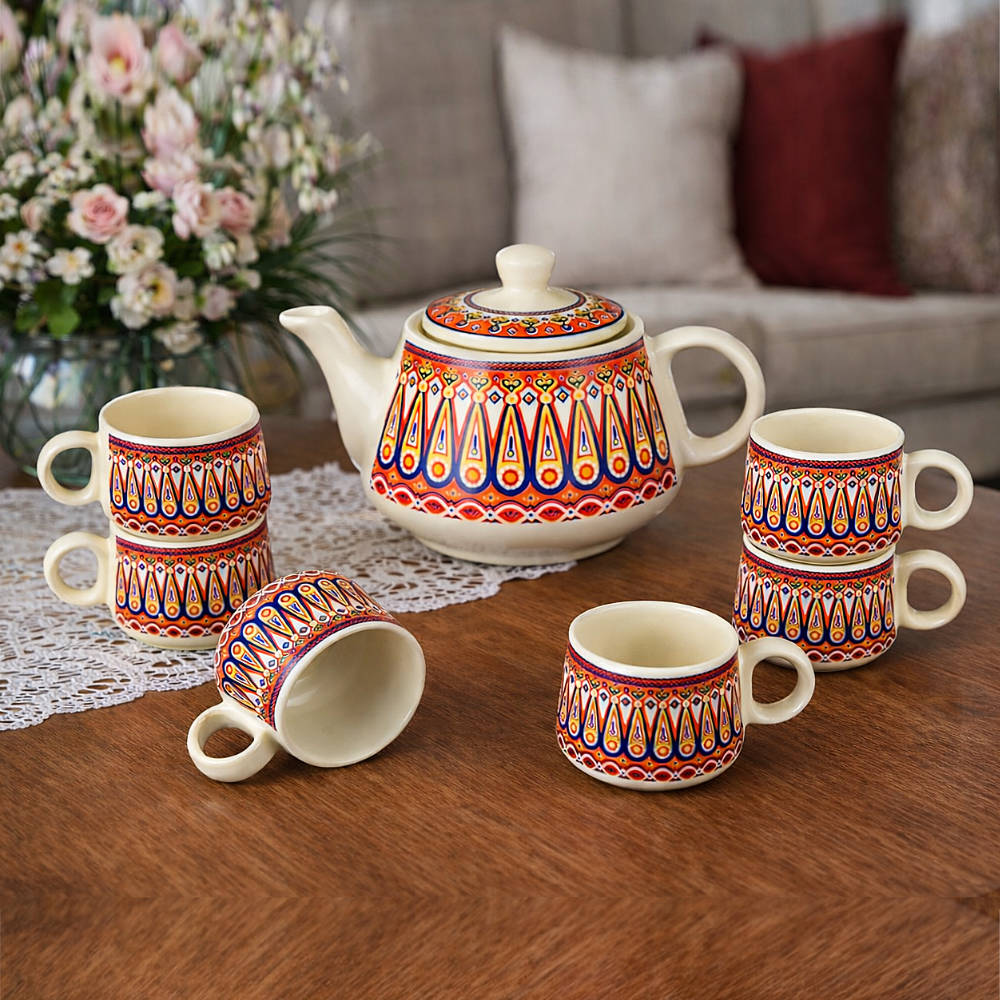 Multicolor Ethnic Printed Designer Ceramic Tea Set (1 Kettle, 6 Cups, Multicolor)