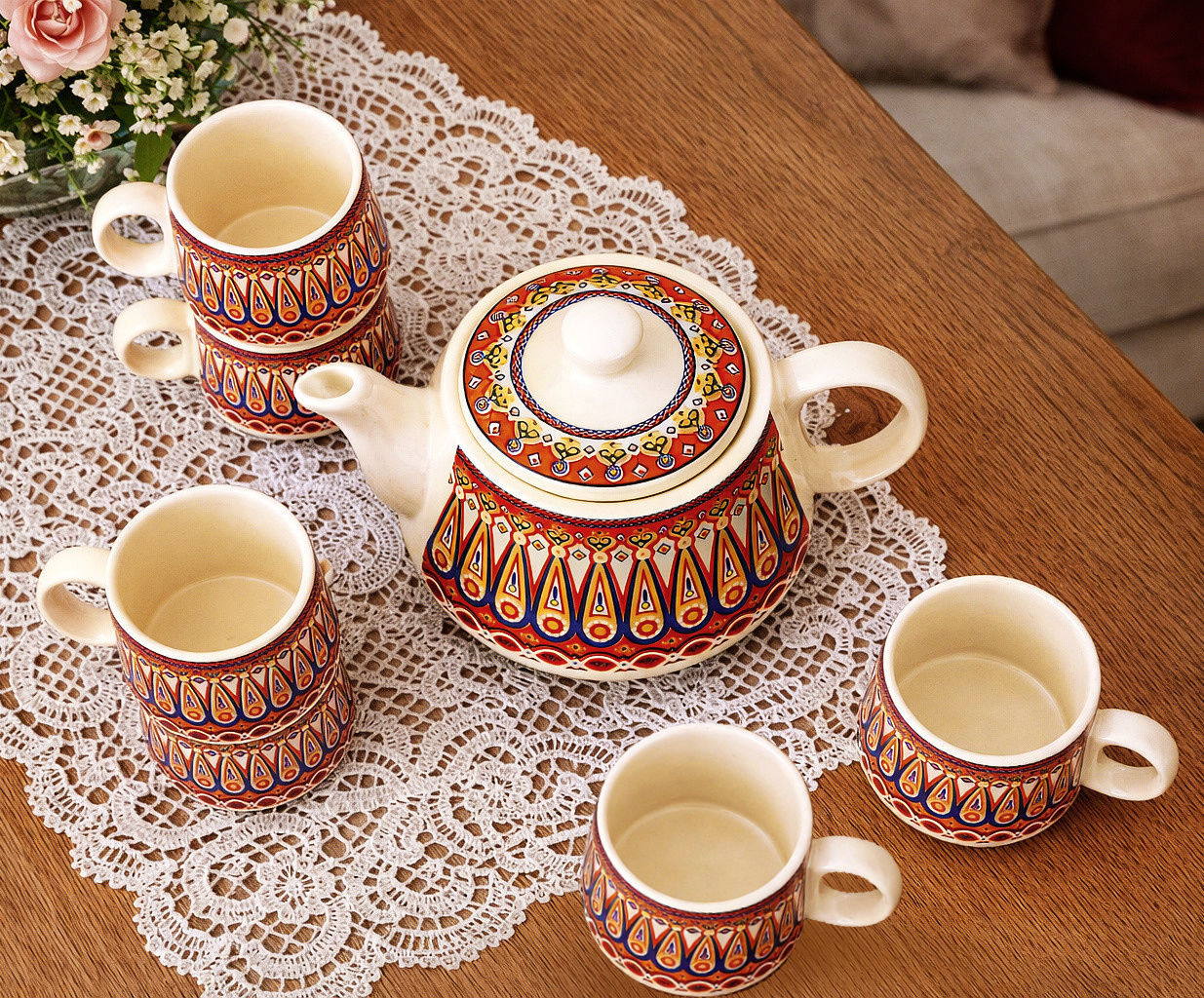 Multicolor Ethnic Printed Designer Ceramic Tea Set (1 Kettle, 6 Cups, Multicolor) - View 3