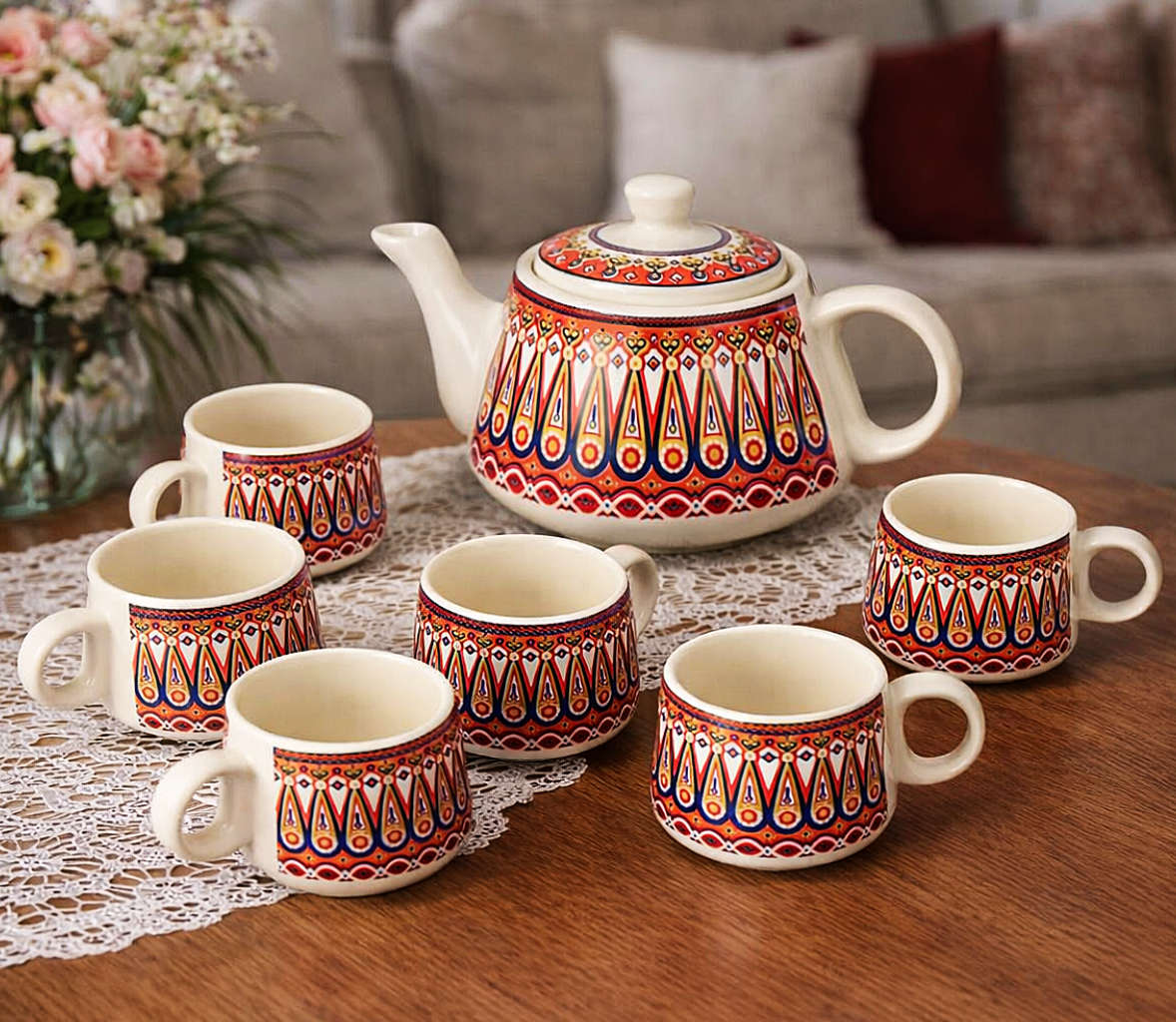 Multicolor Ethnic Printed Designer Ceramic Tea Set (1 Kettle, 6 Cups, Multicolor) - View 4