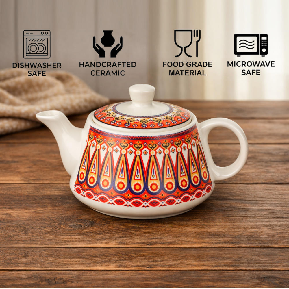 Multicolor Ethnic Printed Designer Ceramic Tea Set (1 Kettle, 6 Cups, Multicolor) - View 5