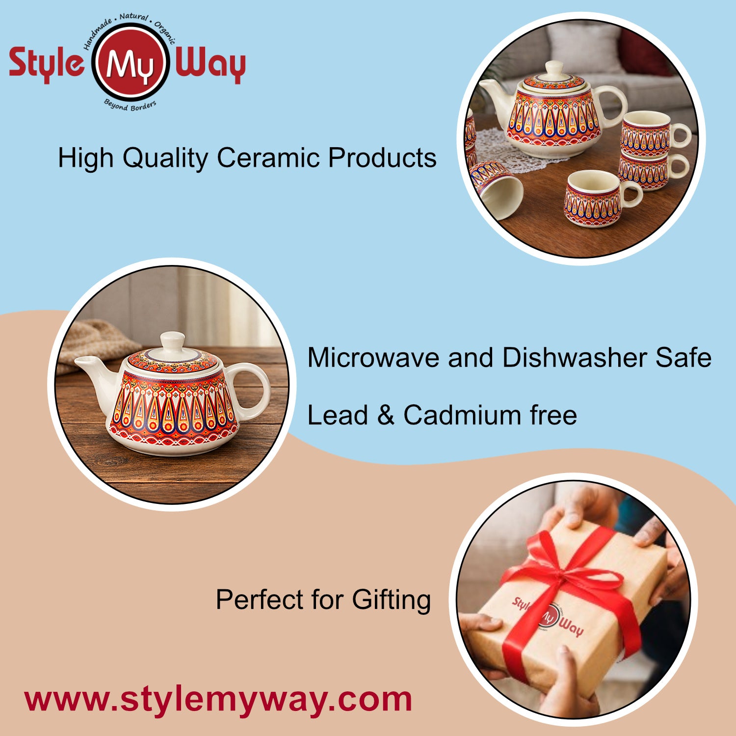 Multicolor Ethnic Printed Designer Ceramic Tea Set (1 Kettle, 6 Cups, Multicolor) - View 6