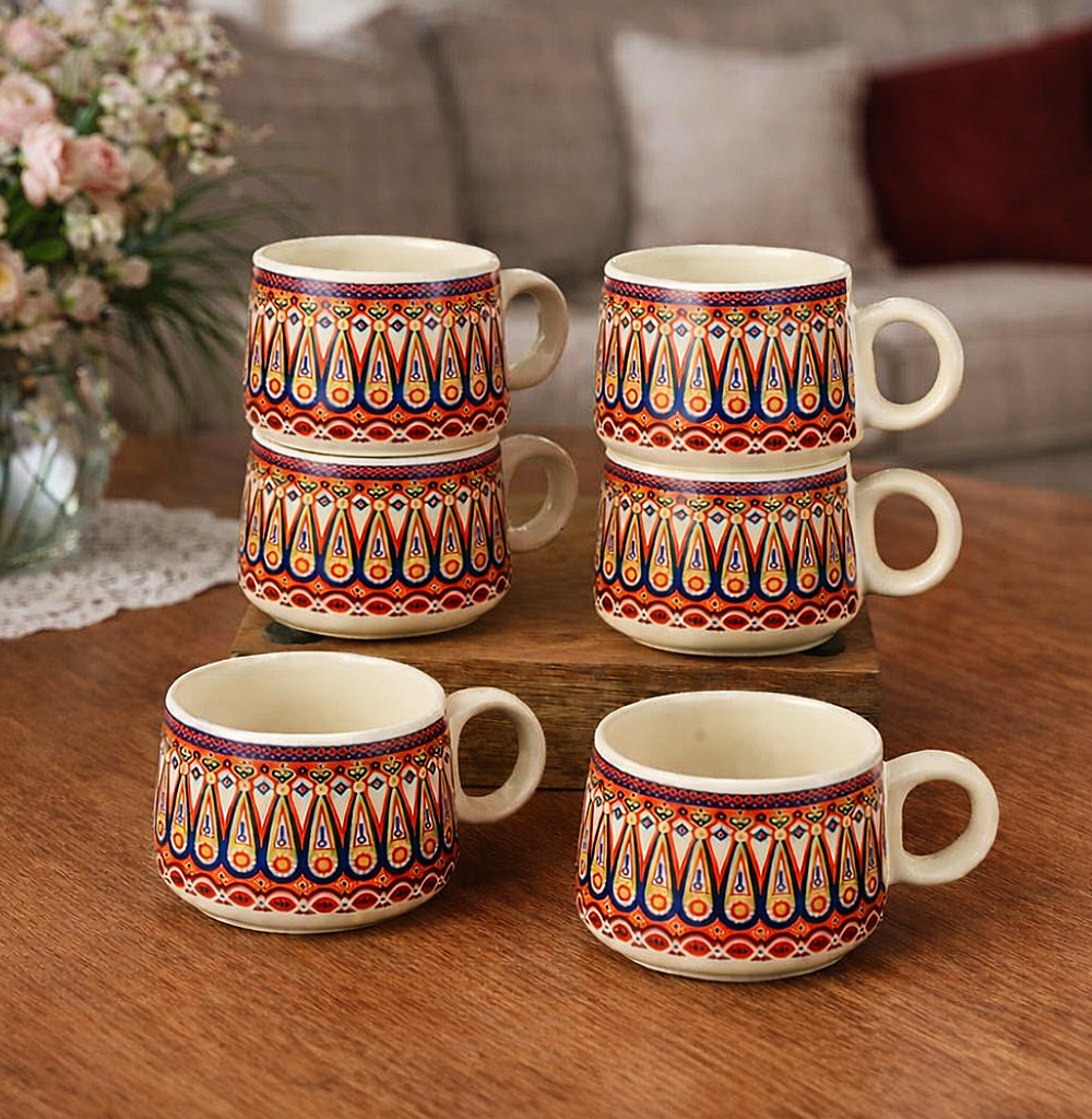 Multicolor Ethnic Printed Designer Ceramic Tea Set (1 Kettle, 6 Cups, Multicolor) - View 7