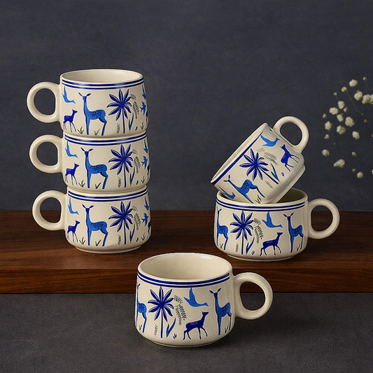 Ceramic Tea & Coffee Mugs (150 ml, Set of 6, Nature Print, Blue & White)