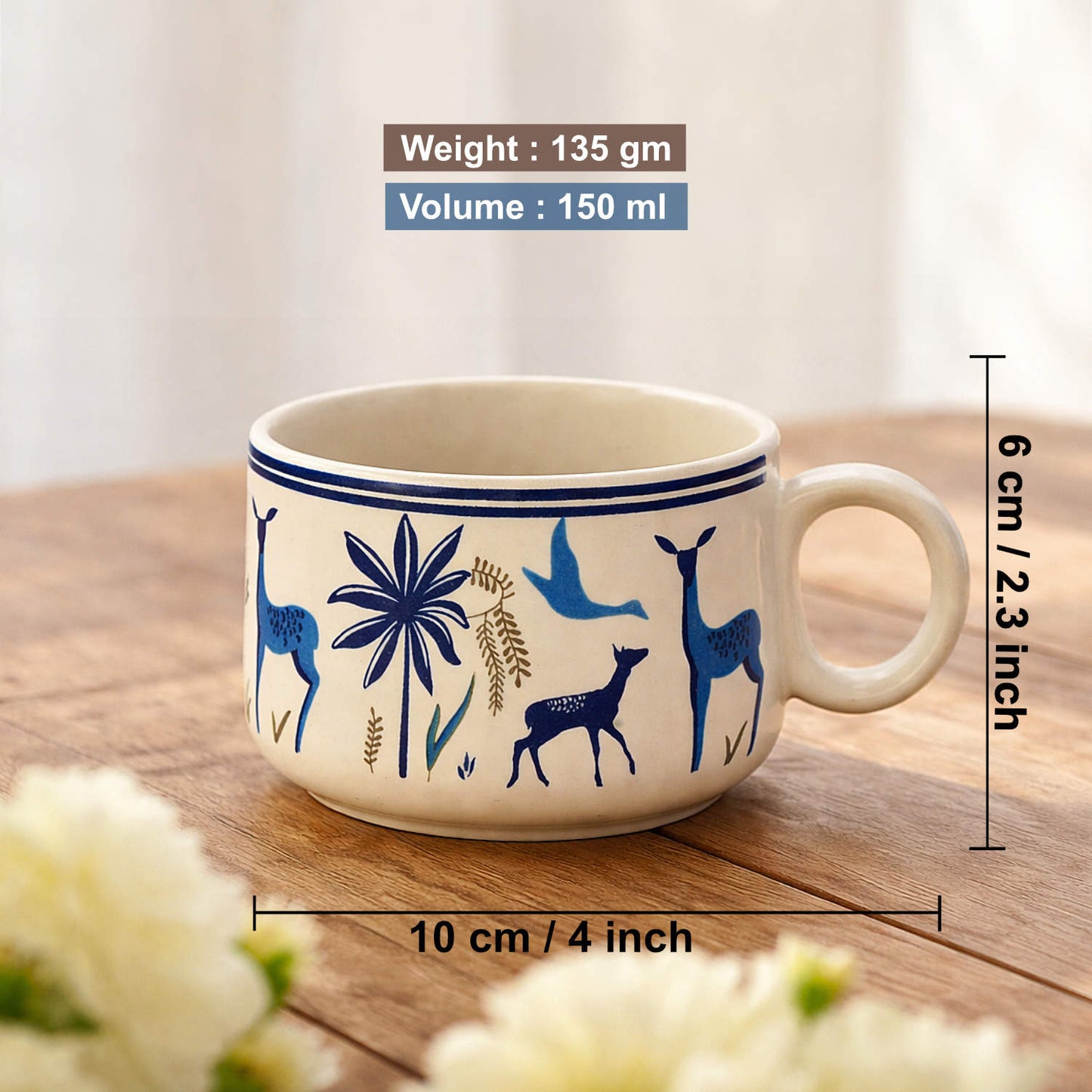 Ceramic Tea & Coffee Mugs (150 ml, Set of 6, Nature Print, Blue & White) - View 2