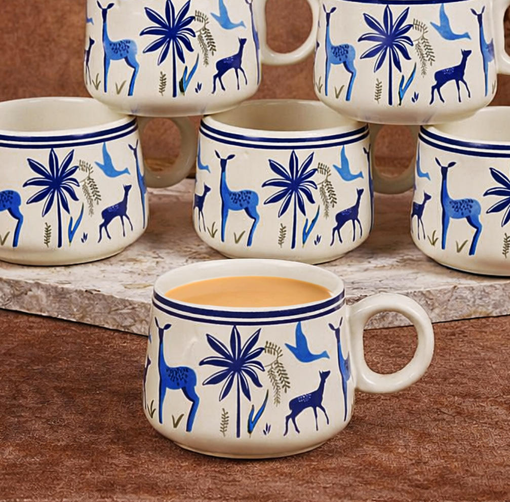 Ceramic Tea & Coffee Mugs (150 ml, Set of 6, Nature Print, Blue & White) - View 3