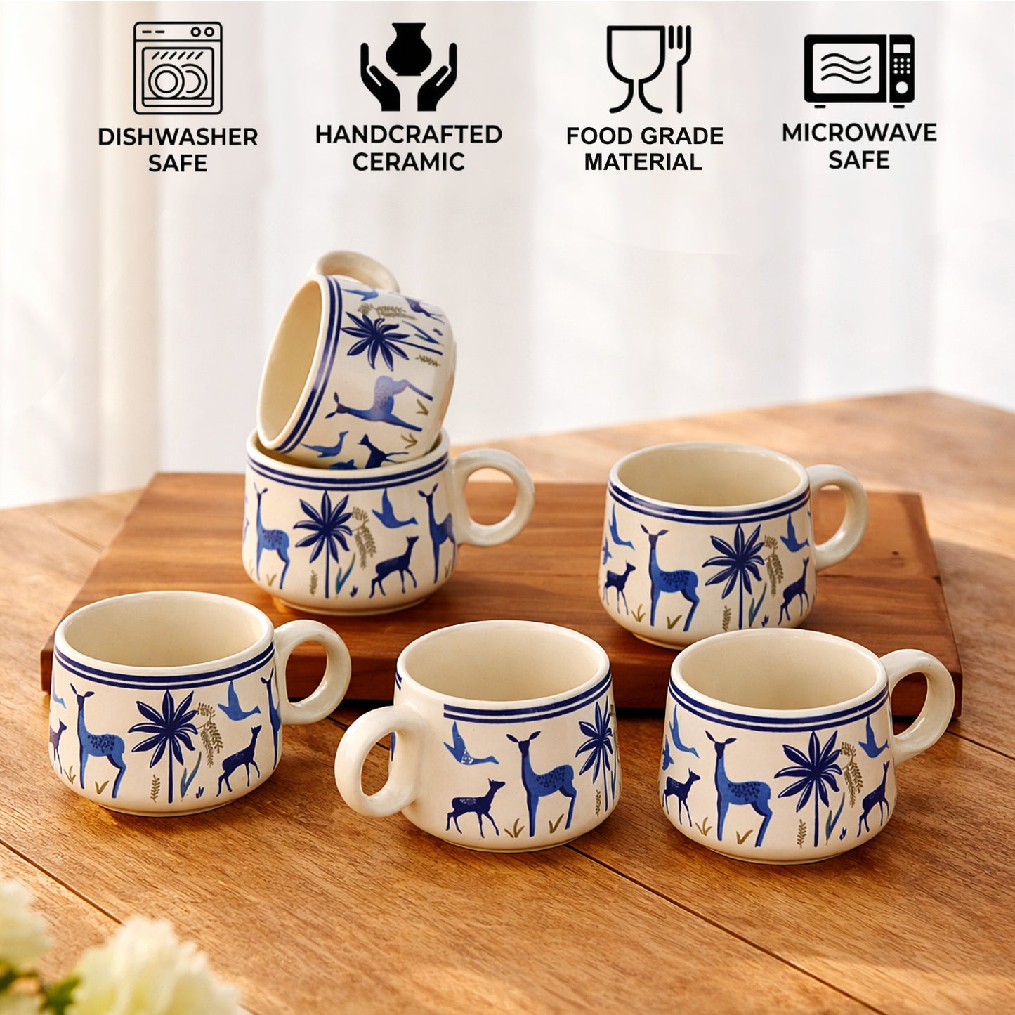 Ceramic Tea & Coffee Mugs (150 ml, Set of 6, Nature Print, Blue & White) - View 4