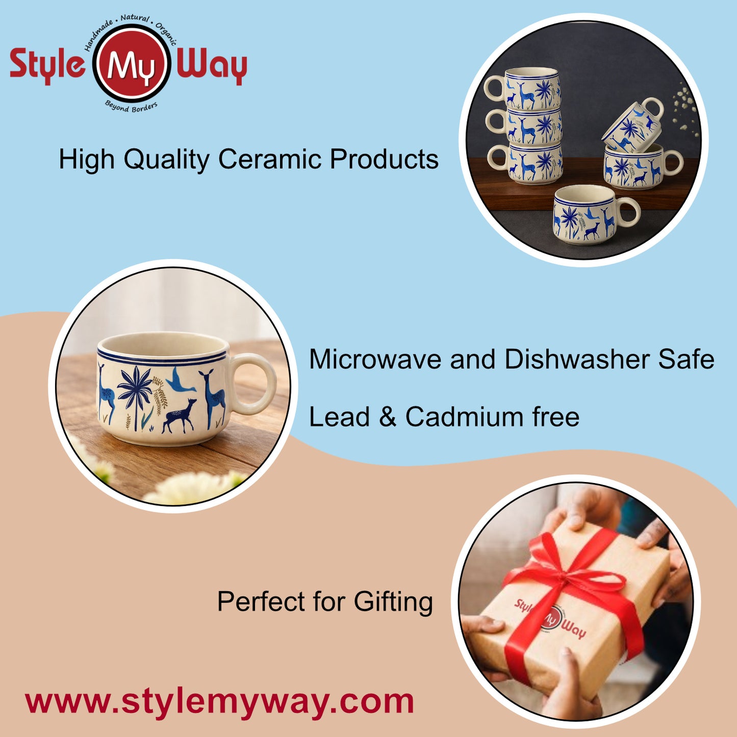 Ceramic Tea & Coffee Mugs (150 ml, Set of 6, Nature Print, Blue & White) - View 5