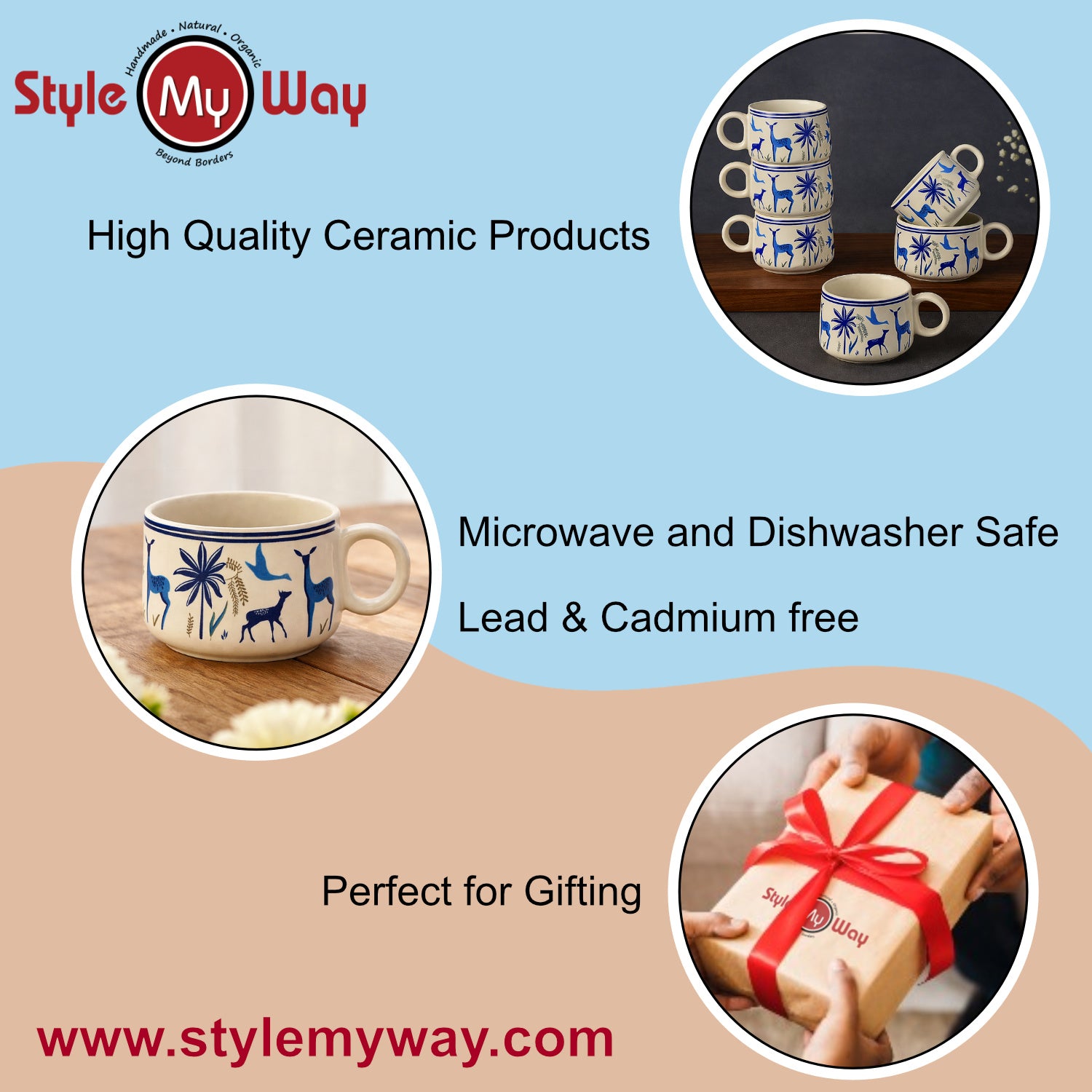 Ceramic Tea & Coffee Mugs (150 ml, Set of 6, Nature Print, Blue & White) - View 5