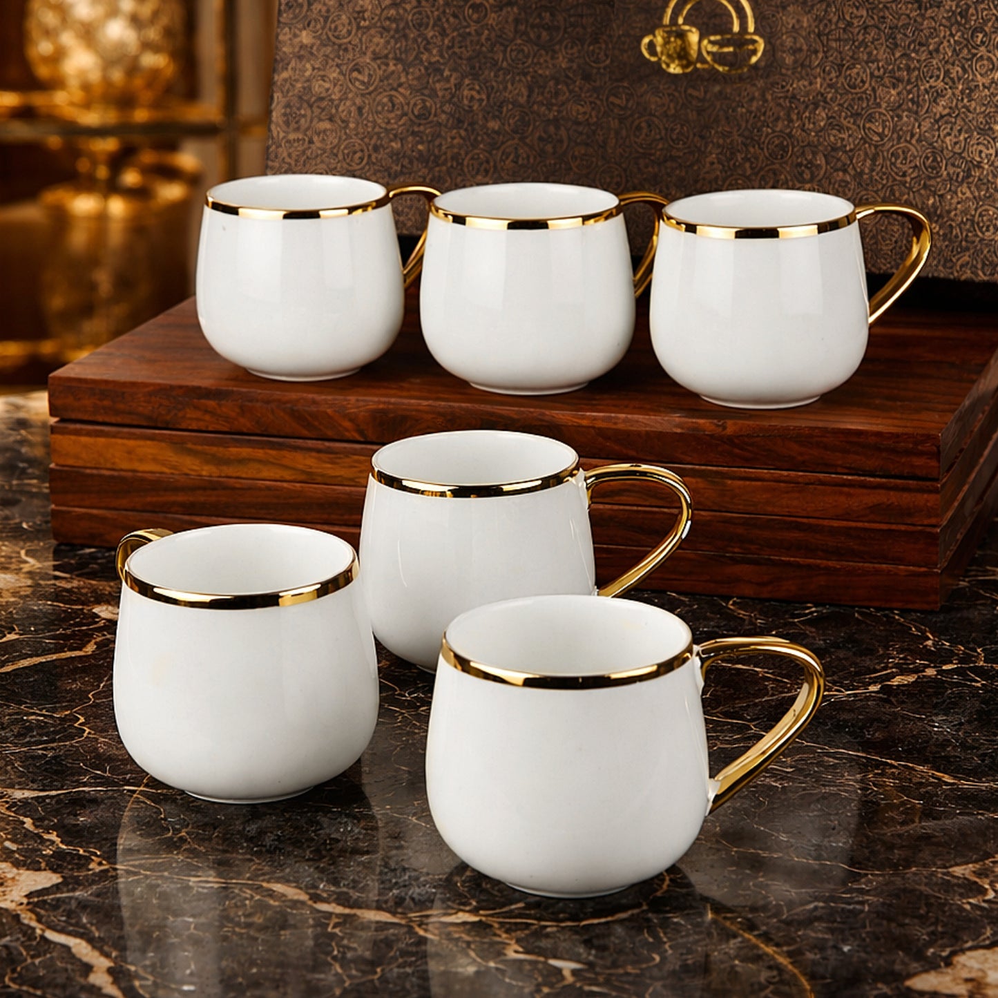 Premium Ceramic Tea & Coffee Mugs (150 ml, Set of 6, White & Golden)