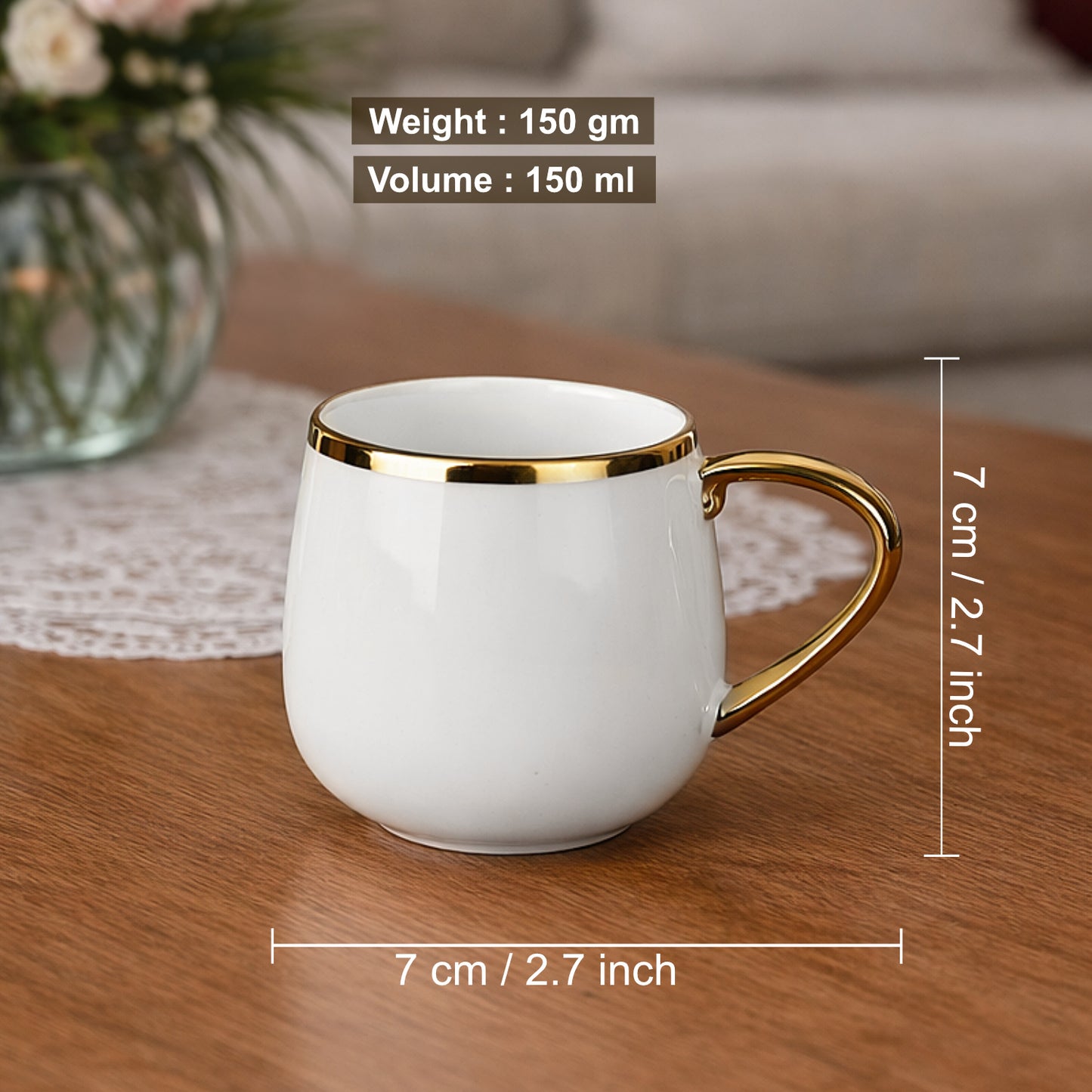 Premium Ceramic Tea & Coffee Mugs (150 ml, Set of 6, White & Golden) - View 2