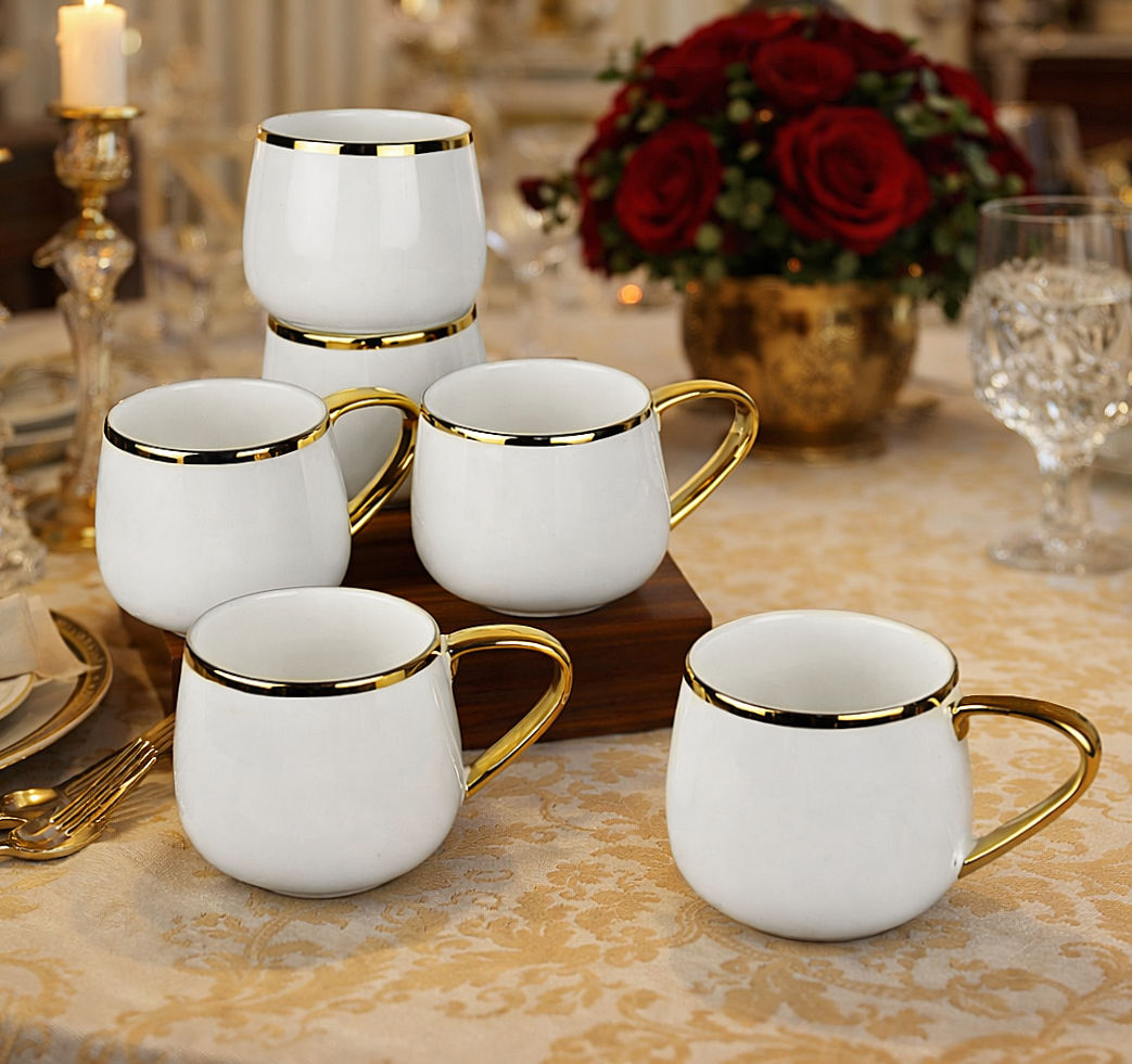 Premium Ceramic Tea & Coffee Mugs (150 ml, Set of 6, White & Golden) - View 3