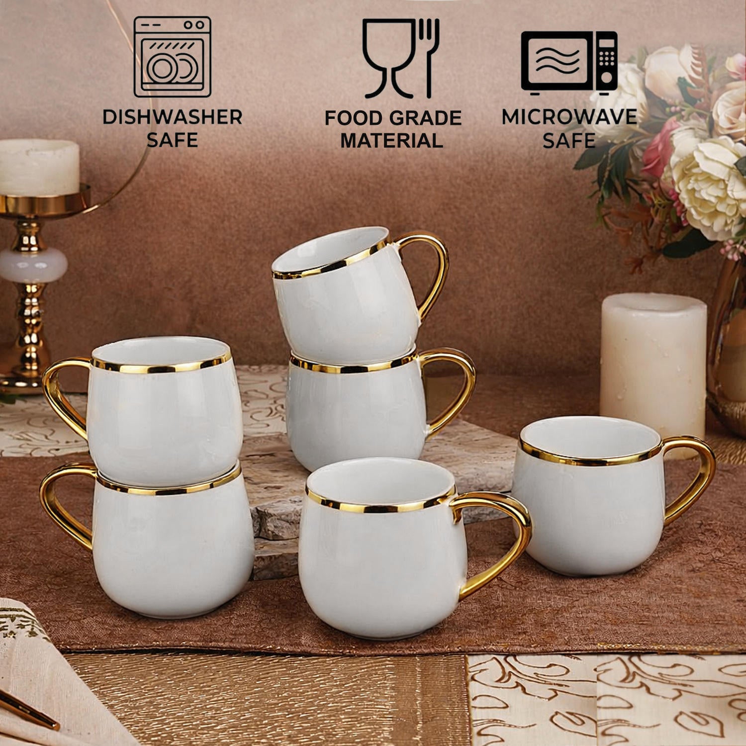 Premium Ceramic Tea & Coffee Mugs (150 ml, Set of 6, White & Golden) - View 4