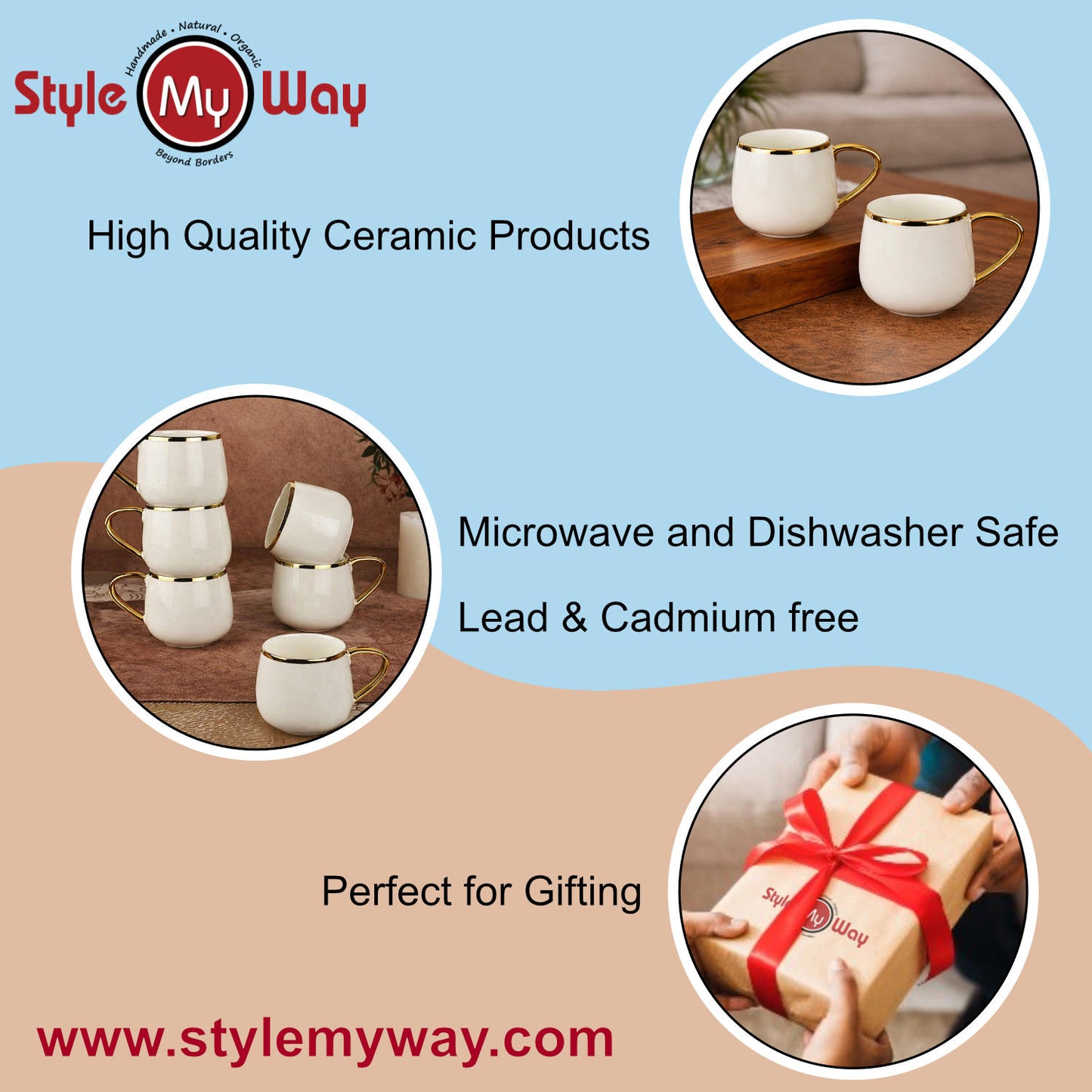 Premium Ceramic Tea & Coffee Mugs (150 ml, Set of 6, White & Golden) - View 7