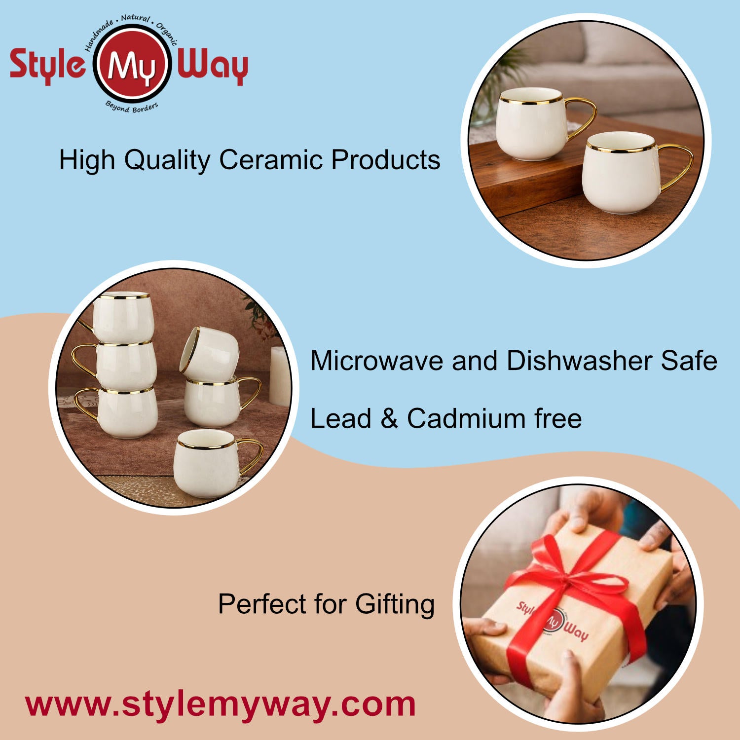 Premium Ceramic Tea & Coffee Mugs (150 ml, Set of 6, White & Golden) - View 7