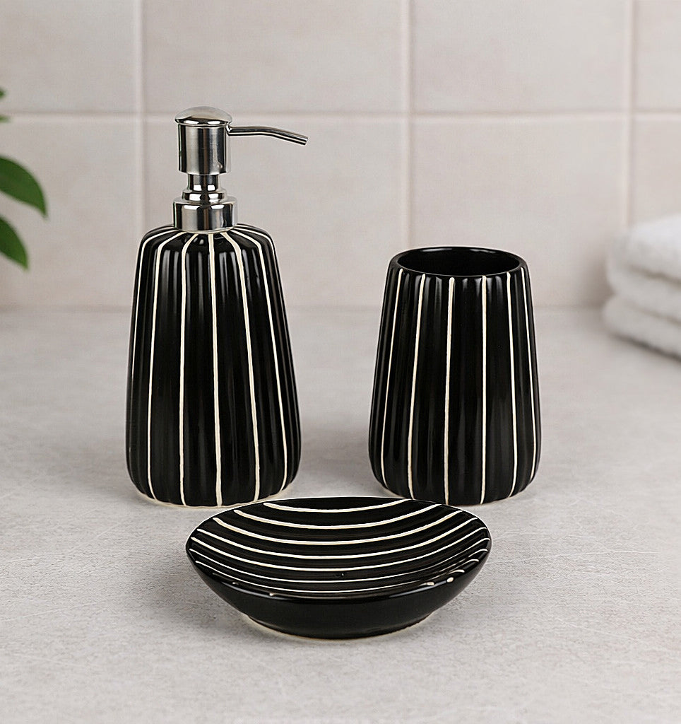 Ceramic Bathroom Set (Black Glossy Ribbed Design, 450 ml Soap Dispenser with Rust Proof Pump, Tumbler & Soap Dish