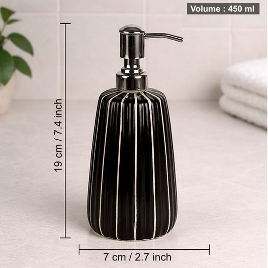 Ceramic Bathroom Set (Black Glossy Ribbed Design, 450 ml Soap Dispenser with Rust Proof Pump, Tumbler & Soap Dish - View 2