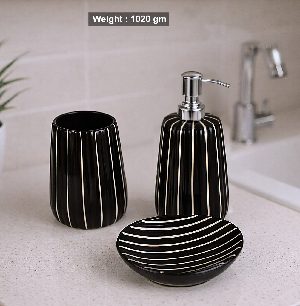 Ceramic Bathroom Set (Black Glossy Ribbed Design, 450 ml Soap Dispenser with Rust Proof Pump, Tumbler & Soap Dish - View 3