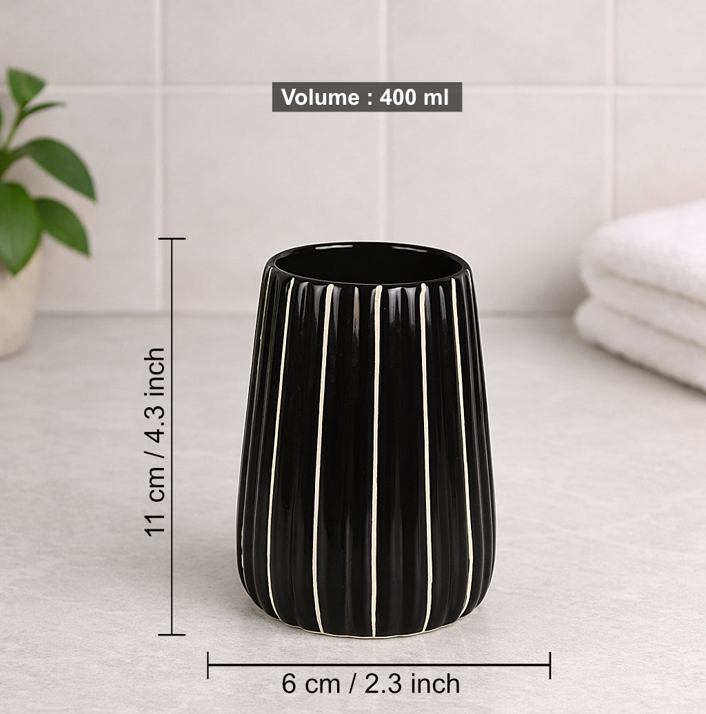 Ceramic Bathroom Set (Black Glossy Ribbed Design, 450 ml Soap Dispenser with Rust Proof Pump, Tumbler & Soap Dish - View 4