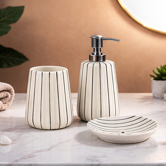 Ceramic Bathroom Set (White Glossy Ribbed Design, 450 ml Soap Dispenser with Rust Proof Pump, Tumbler & Soap Dish