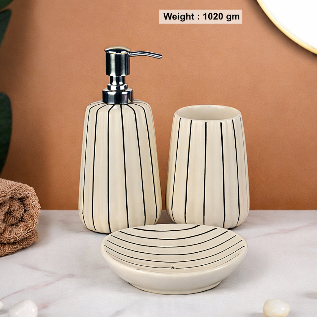 Ceramic Bathroom Set (White Glossy Ribbed Design, 450 ml Soap Dispenser with Rust Proof Pump, Tumbler & Soap Dish - View 3