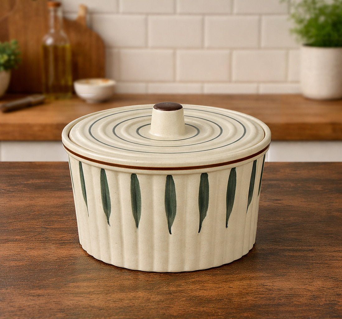 Ceramic Serving Donga with Lid (1300 ml, Cream & Green Leaf)