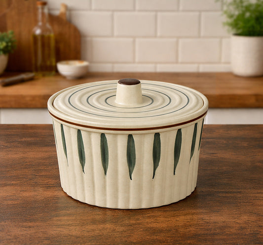 Ceramic Serving Donga with Lid (1300 ml, Cream & Green Leaf)