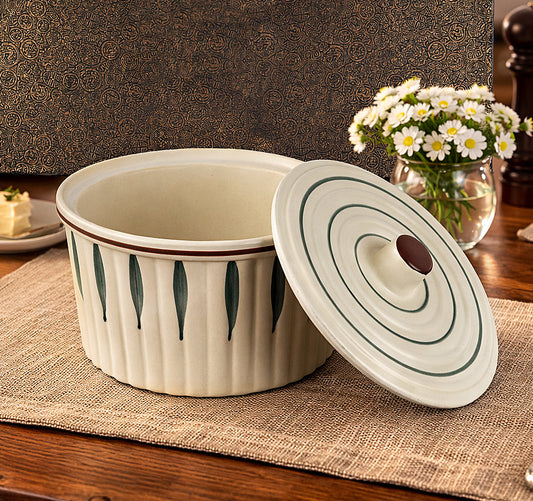 Ceramic Serving Donga with Lid (1300 ml, Cream & Green Leaf) - View 2