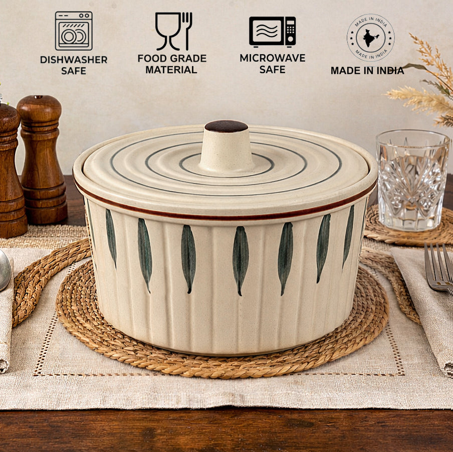 Ceramic Serving Donga with Lid (1300 ml, Cream & Green Leaf) - View 3