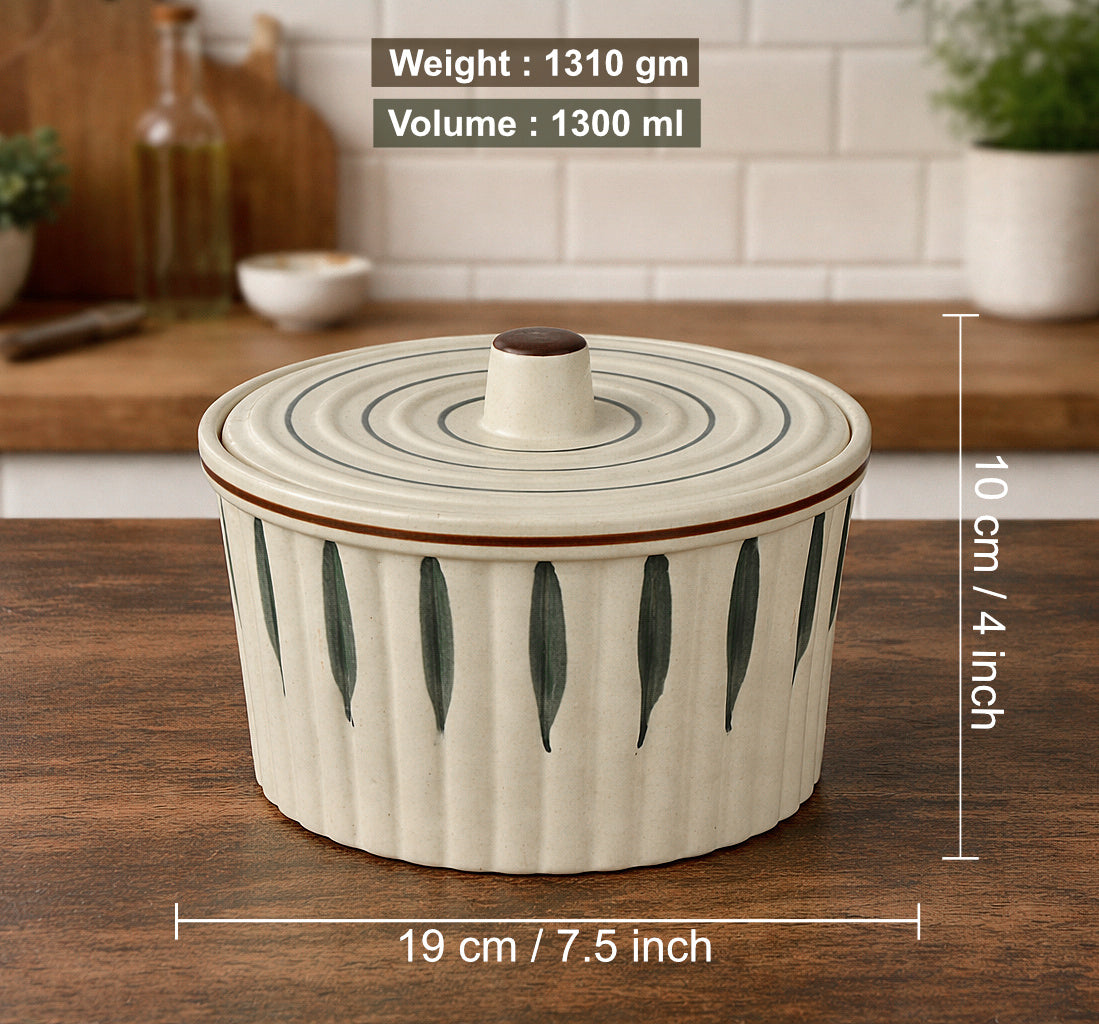 Ceramic Serving Donga with Lid (1300 ml, Cream & Green Leaf) - View 4