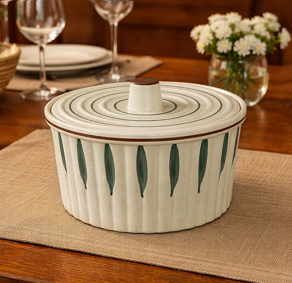 Ceramic Serving Donga with Lid (1300 ml, Cream & Green Leaf) - View 5