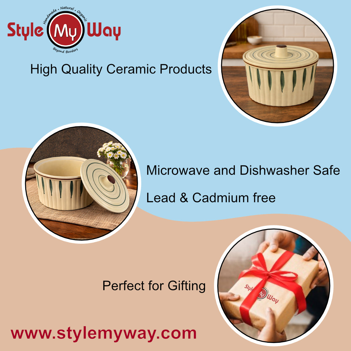 Ceramic Serving Donga with Lid (1300 ml, Cream & Green Leaf) - View 6