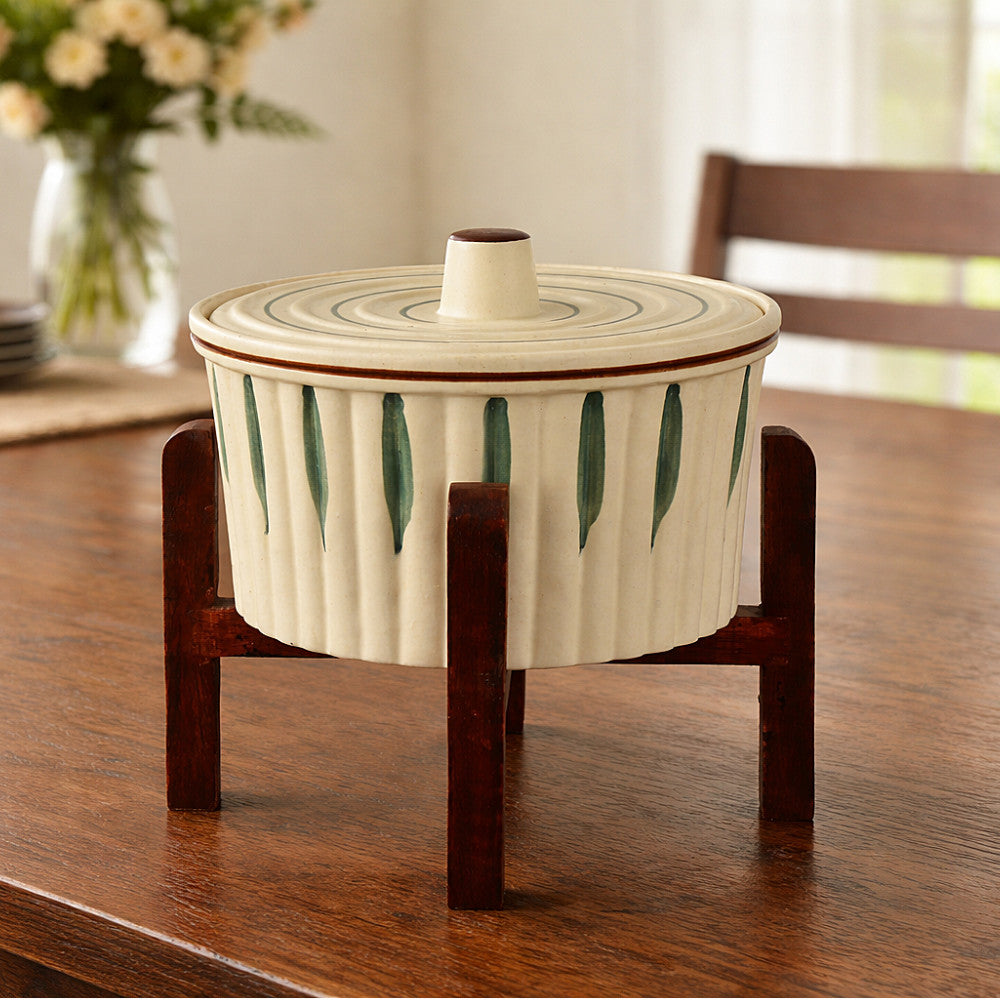 Ceramic Serving Donga with Lid & Wooden Stand (1300 ml, Cream & Green Leaf)