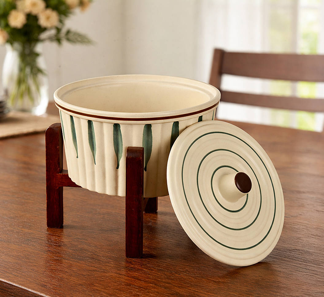 Ceramic Serving Donga with Lid & Wooden Stand (1300 ml, Cream & Green Leaf) - View 3