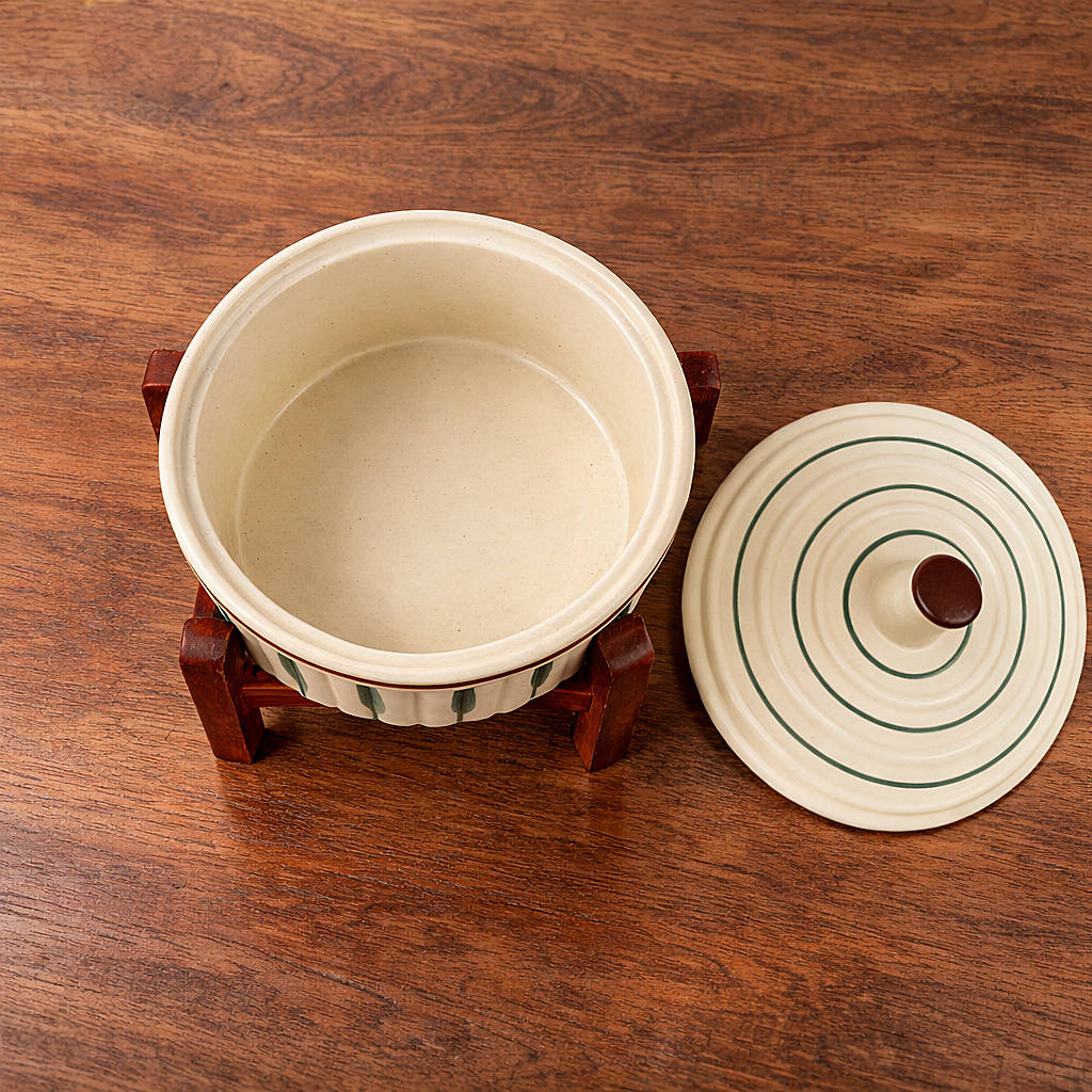 Ceramic Serving Donga with Lid & Wooden Stand (1300 ml, Cream & Green Leaf) - View 4