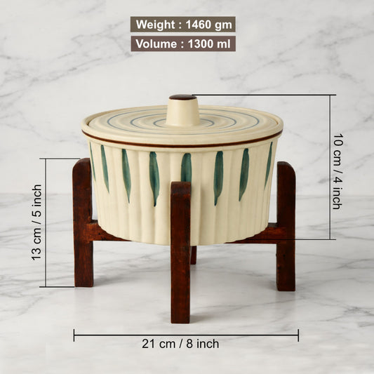 Ceramic Serving Donga with Lid & Wooden Stand (1300 ml, Cream & Green Leaf) - View 2