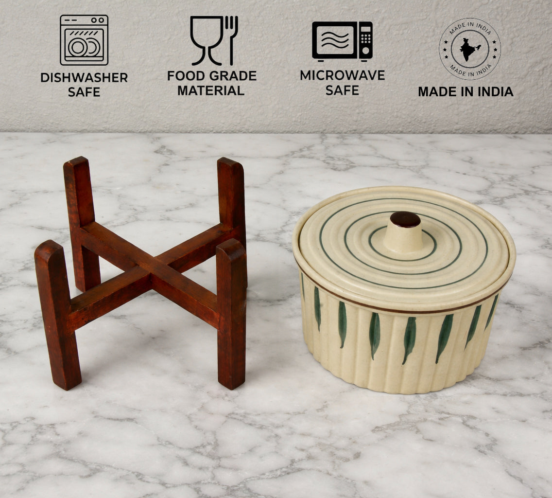 Ceramic Serving Donga with Lid & Wooden Stand (1300 ml, Cream & Green Leaf) - View 5