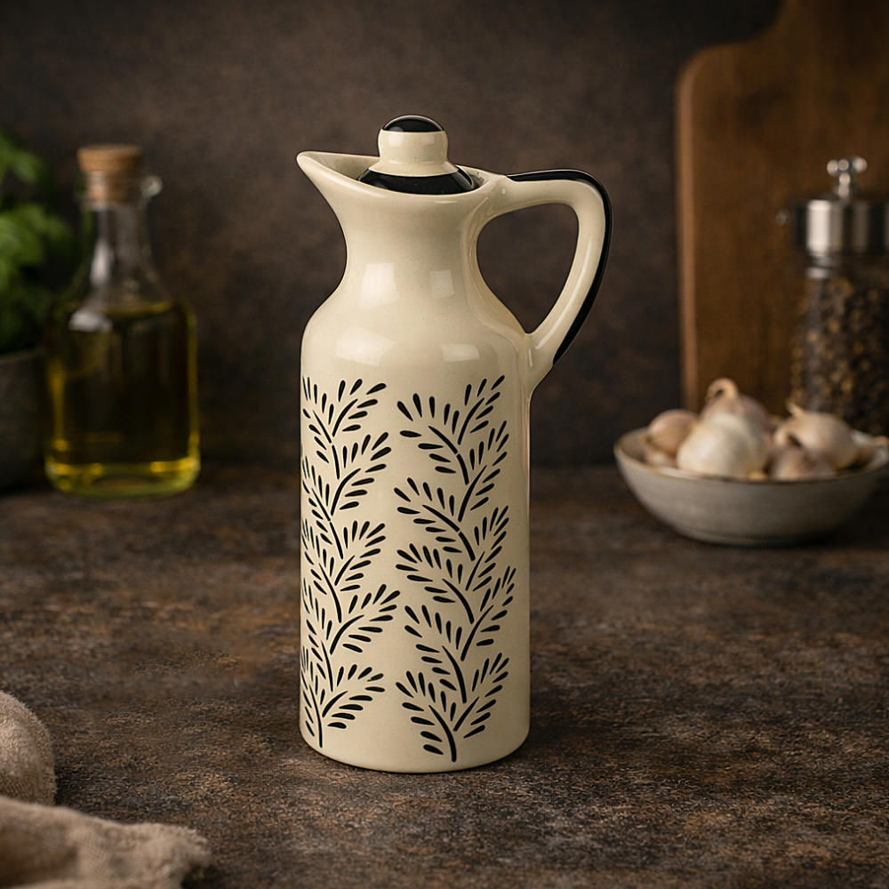 Monochrome Elegance' Hand-Painted Ceramic Oil Bottle (380 ml)