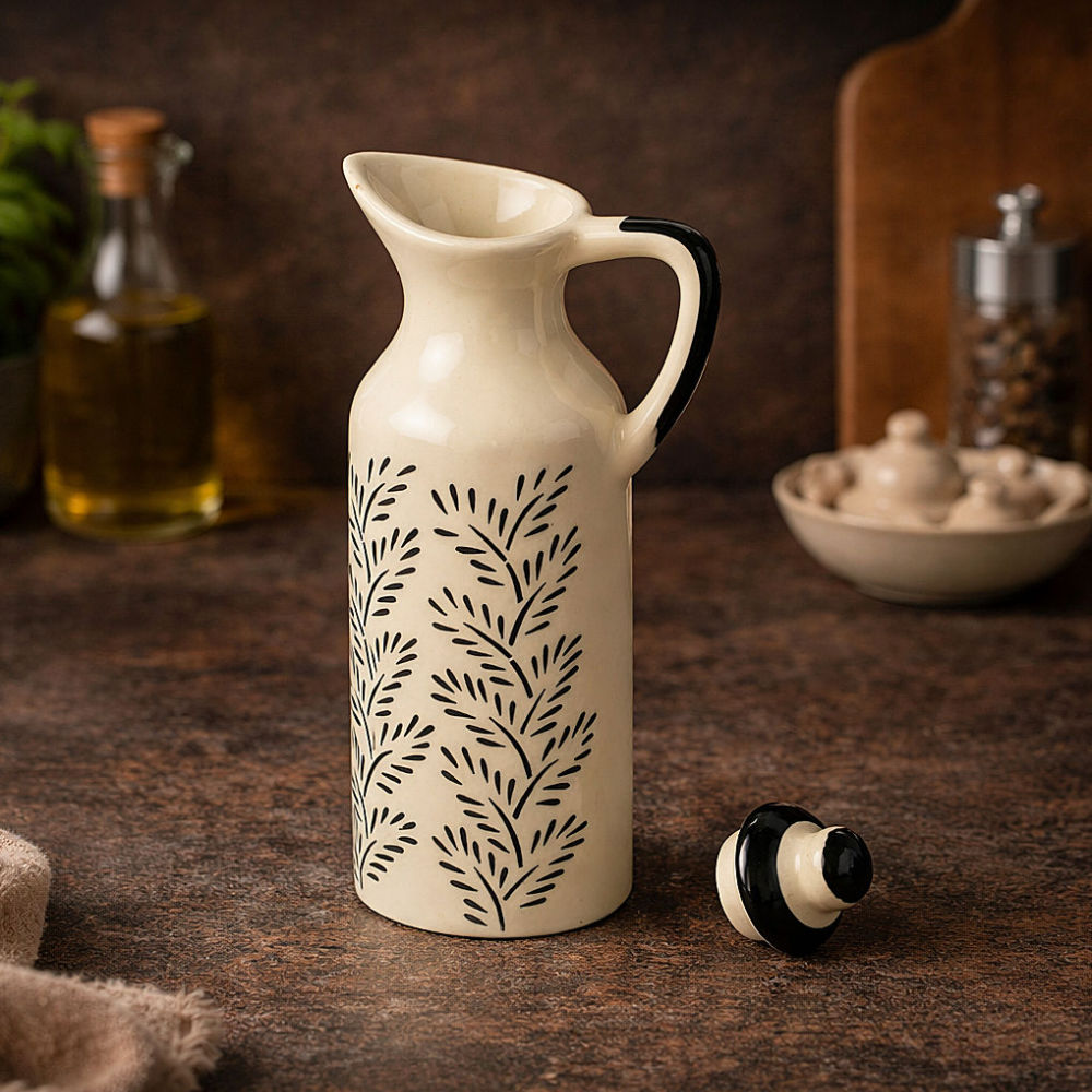 Monochrome Elegance' Hand-Painted Ceramic Oil Bottle (380 ml) - View 3