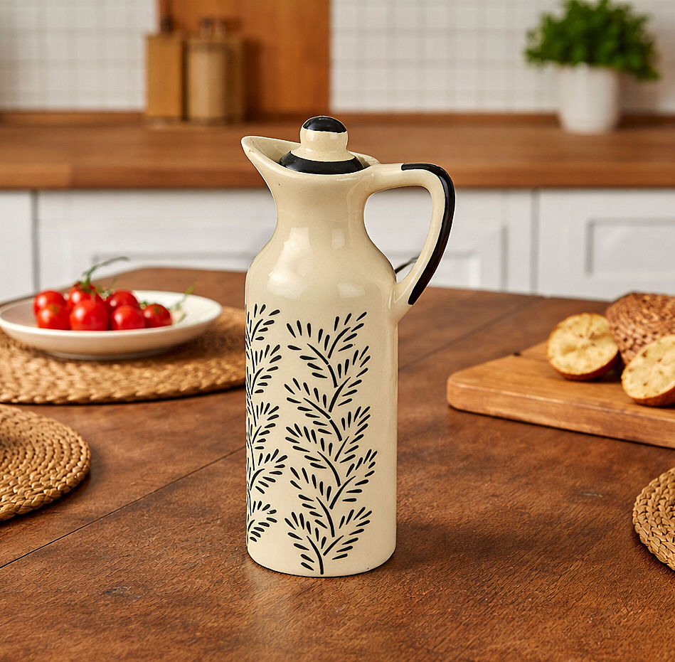 Monochrome Elegance' Hand-Painted Ceramic Oil Bottle (380 ml) - View 5